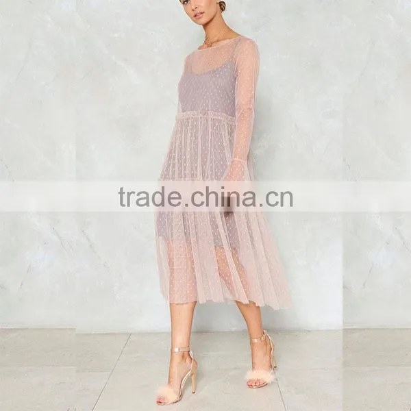 Lvdong 2017 Summer Women Long Sleeve Mesh Dotted Sexy Midi Dress photo-3