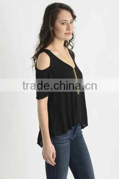 Womens Fashion Off-shoudler Casual Loose T-Shirts,Blank Plain Black T-shirts for Women photo-3