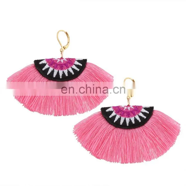 Small Hot Pink Half Moon Tribal Embroidery Earrings photo-3
