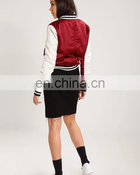 Lightly Padded Women Polyester College Plain Satin Baseball Jacket photo-3