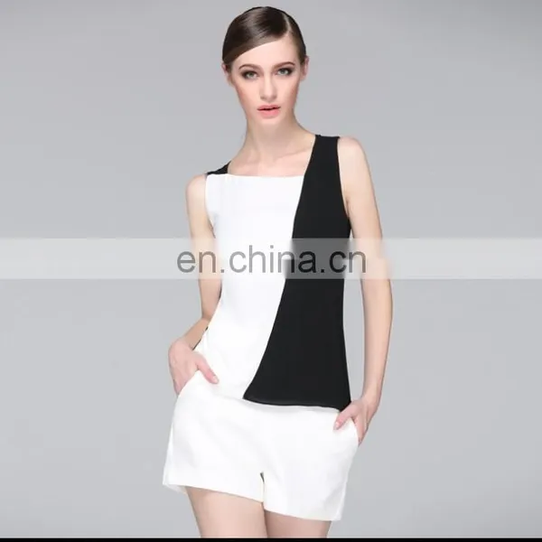 Fashionalbe Black Wihte Color Block Sexy Sleeveless Chiffon Blouse