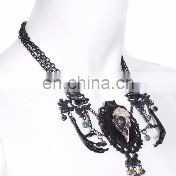 Gothic Necklace With Faux Small Crow Skull and Beads photo-4
