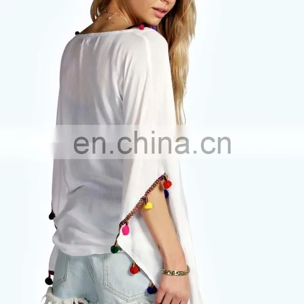 BRIGHT POM POM TRIM OVERSIZED TOP Slim Embroidered Poncho/ Short Kaftan For Women Summer Wear photo-4