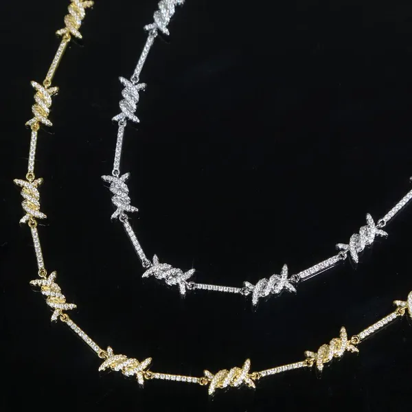 3mm Thin Iced Barbed Wire Necklace Micro Paved Cubic Zirconia Punk Twist Spiked Thorns Charm Link Chain Choker photo-3