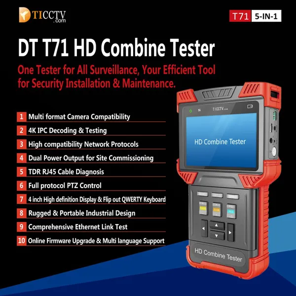 DT‑T71 Multi‑function Test Instrument Handheld HD Combine Tester for CCTV Camera Analog AHD CVI TVI IPC Testing