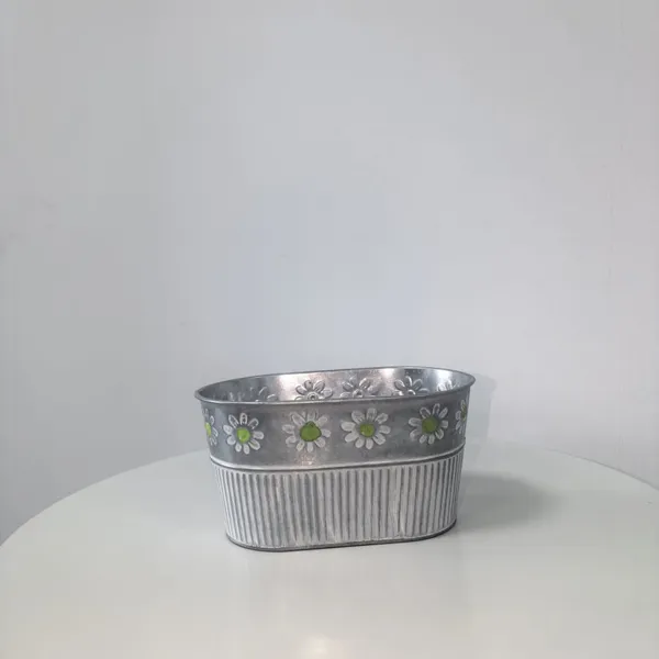 Oval Galvanized Metal Planter With Embossed Daisy Flower, Distressed White Wash Metal Flower Tub