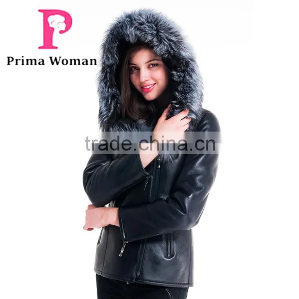 2015 Winter Leather Short Slim Fit Embroidered Women Coat With Belt Silver Fox Fur Hat photo-4