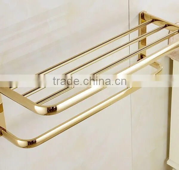 Golden Finish Modern Square Stainless Steel Towel Rack Holder Shelf W/ Towel Bar Hanger photo-3