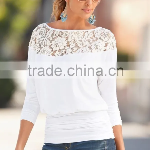 2016 Indian Dubai Modern Lace Splicing Chiffon Ruffled Loose Plus Size Tops White Blouses for Women Ladies Girls Cheap Clothes photo-2