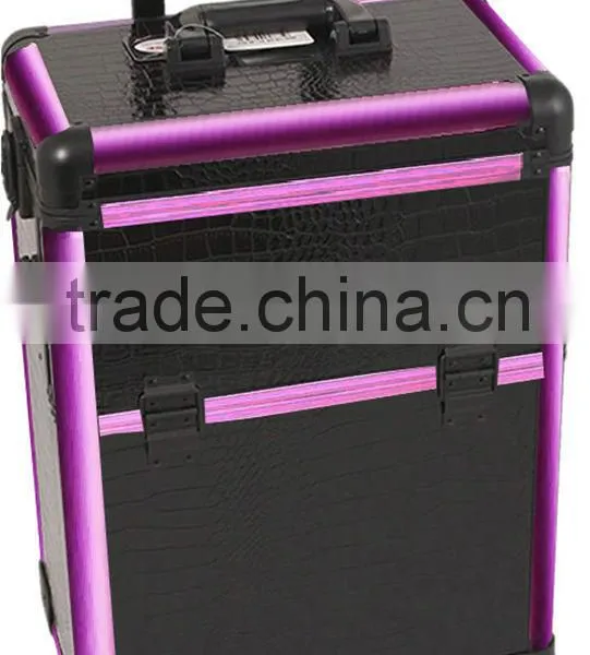 Black Makeup Pro Rolling Trolley Case- Purple Trim, Large Storage & Tray photo-2