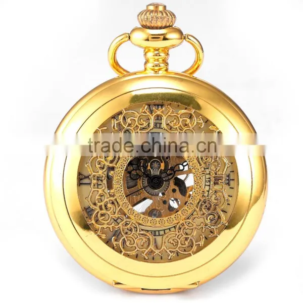 Fashion Skeleton Gold Case Roman Dial Mens Mechanical Pocket Watch photo-2