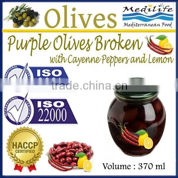 High Quality 100% Tunisian Table Olives,Purple Olives Broken With Cayenne Peppers and Lemon, Purple Olives 370 ml Glass Jar