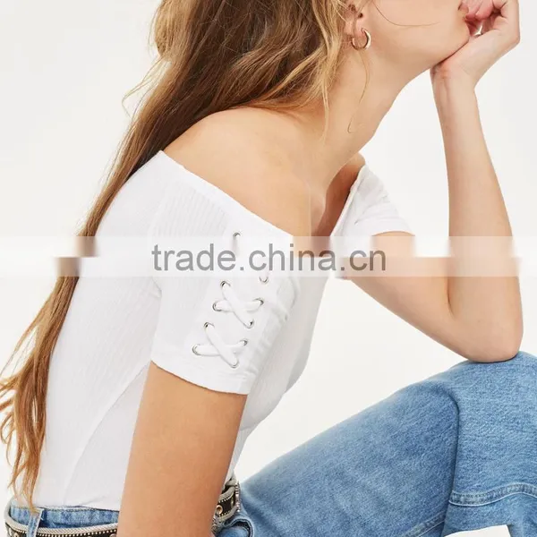 Drawstring Eyelet Ribbed Top Bardot Neckline off Shoulder Bodysuit photo-3