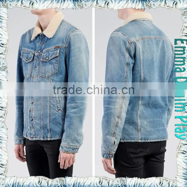 Vogue Style Mens Turn-down Collar Slim Fit Design Fleece Lined Denim Jacket photo-2