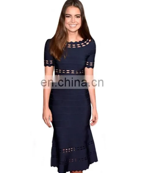 2017 Latest Bandage Tops Scalloped Cut Out Midi Two Piece Bandage Dress Navy photo-2