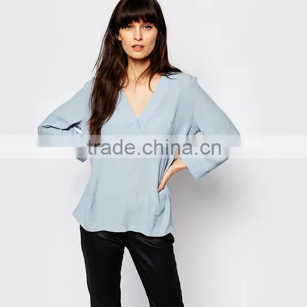 Blue Colour Lady Chiffon Blouse Sexy v Neck Tops for Women 2016 Wholeale
