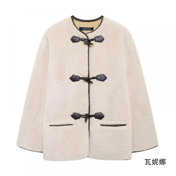 Belted Fur-effect Coat With Pocket Design for Fall and Winter, Featuring a Loose and Warm Fit. The Coat is Decorated With Knotted Embellishments. photo-3