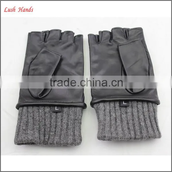 Ladies Half Finger Leather Driving Gloves Knitted Cuff Leather Glove photo-3