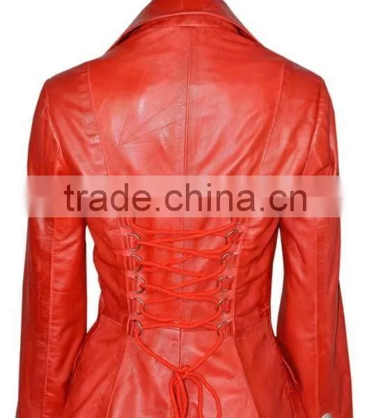 Ladies Edwardian Red Gothic Style Lace Back Soft Lambskin Real Leather Jackets photo-3