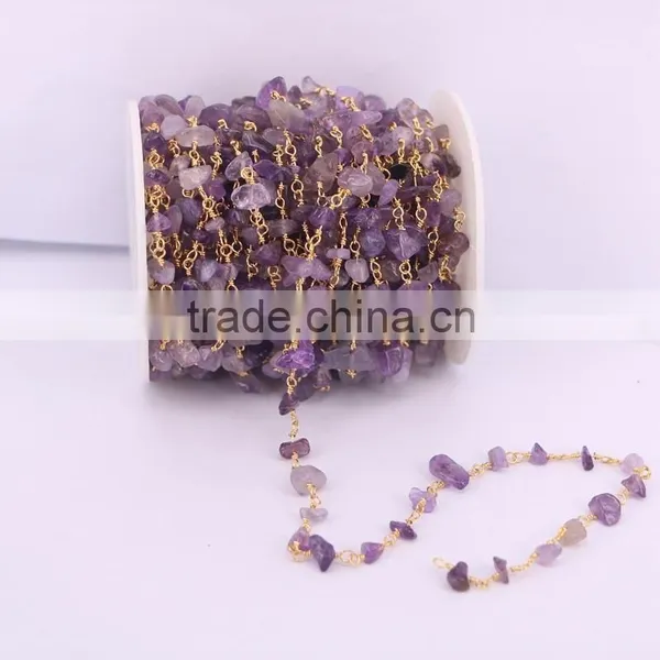 Gold Plated Wire Wrapped Beaded Rosary Chains Amethyst Quartz Stone Beads Jewelry Chain