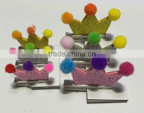 China New Design Cute no Slip Princess Crown Polyester Hair Clips Fabric Hairpin With Sequin Pompon for Bulk Boutique photo-3