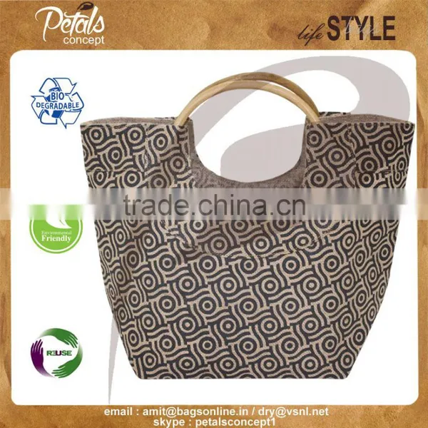 Jute Gift Bag With Round Handle for Weekend - Overall Print Shopping Tote - Cane Handle Bags photo-6