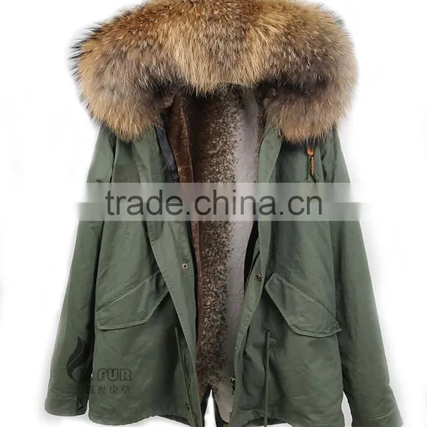 CX-G-P-10A Genuine Faux Fur Coat With Raccoon Fur Collar photo-4