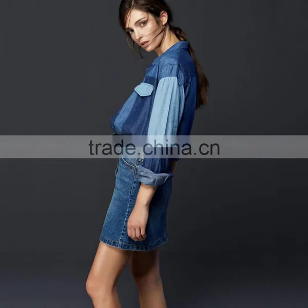 Hot Sale Women Denim Shirt With Pocket and Block Fashion Design Hot Sale photo-3