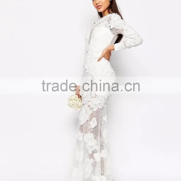 MGOO Lace 3D Floral Fishtail Maxi Dress Crew Neck Long Sleeves Embroidered Wedding Dress Bridal Grown photo-2