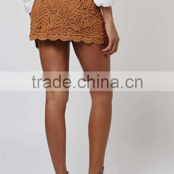 Wholesale OEM Services Crochet Mini Skirt For Ladies Lace Brown Mini Skirts With Wide Stretch Waistband photo-5
