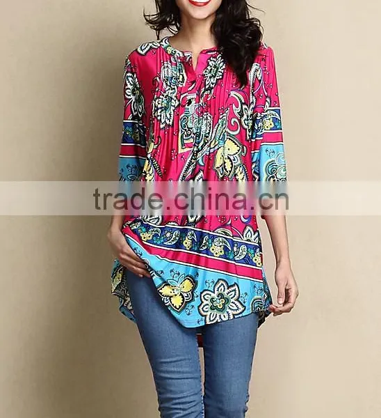 Hot Selling Women Outwear With Fuchsia Floral Notch Neck Pin Tuck Tunic Women Tops Women Clothing GD90426-30