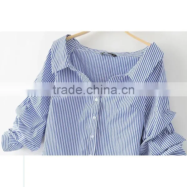Wholesale Womens 100% Cotton Long Sleeve Strip Oxford Blouse photo-3
