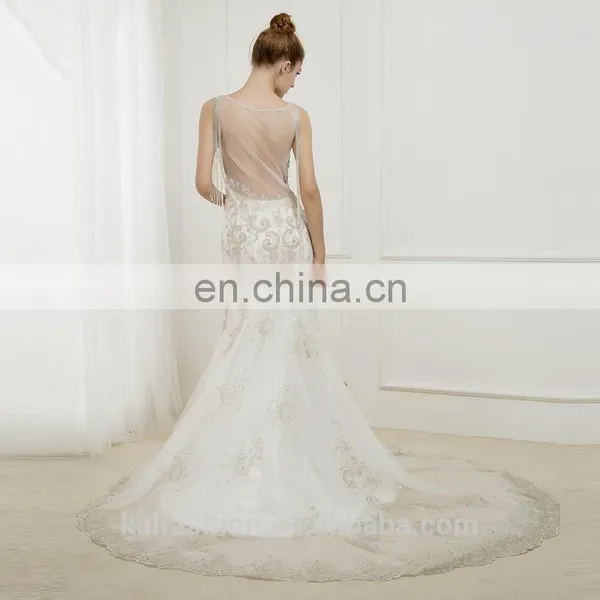 KW0316 A-line Scoop Neckline Heavy Beaded Silver Lace Tulle Cover Back Long Train Brilliant Wedding Dress photo-2