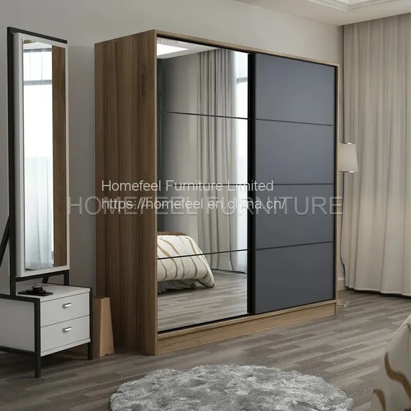 Modern 2 Mirror Doors Sliding Wardrobe Armoire photo-3