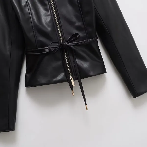 European and American Personalized Women's Clothing Spring New Style Short Skirt Hem Imitation Leather Jacket Jacket Versatile photo-2