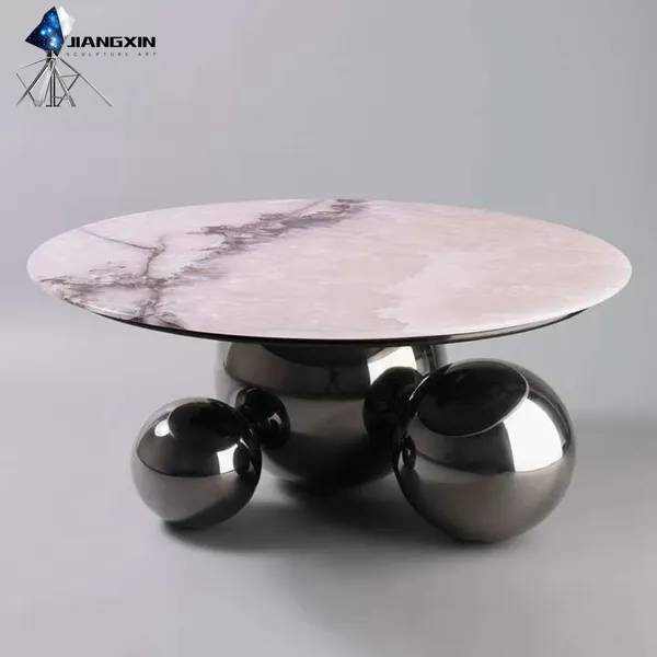 Stainless Steel Geometric Table - Polished Gold Ball Base, Smooth Top, Luxurious Interior (Modern Art Center)