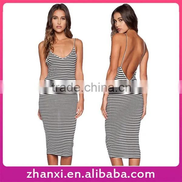 Stripes Backless Midi Girls Fashion Women Sleeveless Cotton One Piece Sexy Sun Dress