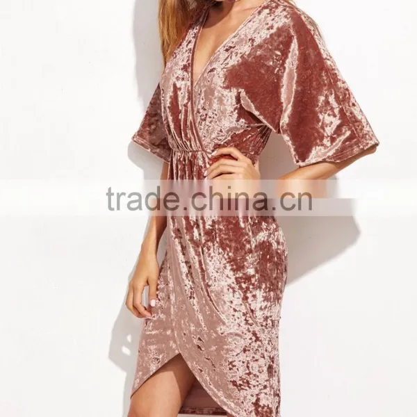 Womens Half Sleeve Crushed Velvet Wrap Dress Ladies V Neck Tunic Irregularity Velvet Knee Length Dress photo-4