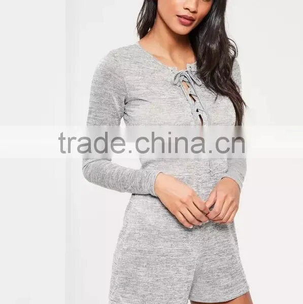 Grey Lace Up Romper Cut Hole Button With Long Sleeve Custom Cotton Blends Stretchy Slim Women Pyjamas photo-6