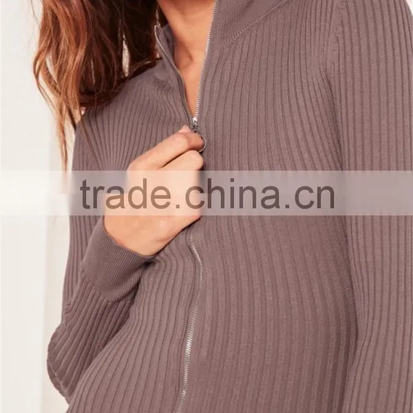 Chinese Factory Ladies Silm Fit Women Longline Knitwear Sweater Purple Zip Up Rib Mini Dress photo-5