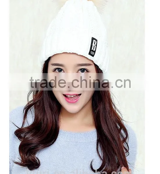 Logo Design Accept Woman Winter Warm Plush Thicken Winter Beanie Knit Hat With Fur Poms photo-6