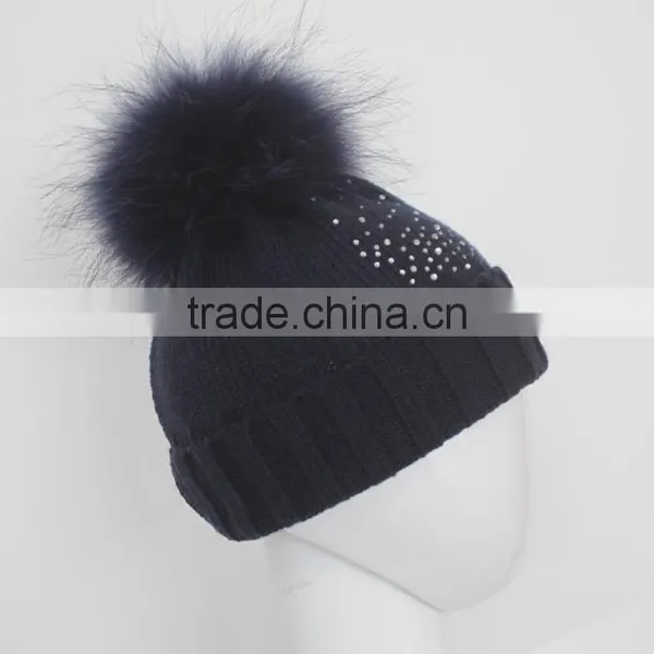 Myfur Navy Knitting Beanie Hat With Stones Real Raccoon Fur Ball Top For Teenager Boys photo-2