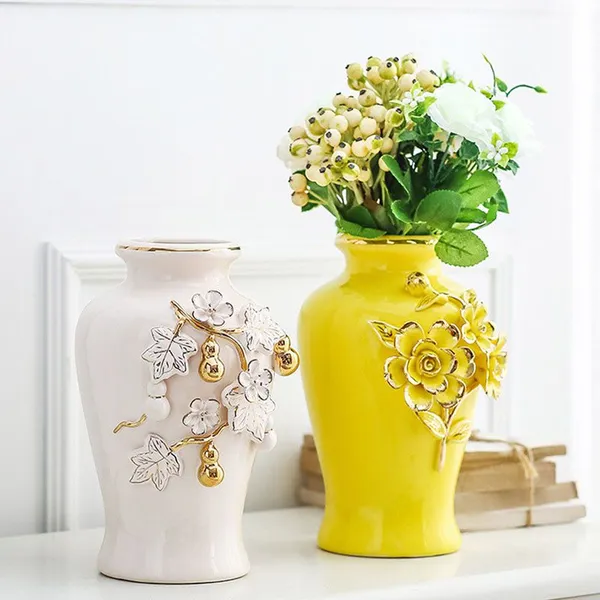 Nordic Palace Creative Romantic Gild Blue Yellow Tall Ceramic Flower Vase For Indoor Decor photo-5