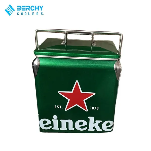 Derchy Retro Stainless Steel Metal Cooler Box 13L Insulated Ice Chest Portable Cooler for Camping Picnic Beach