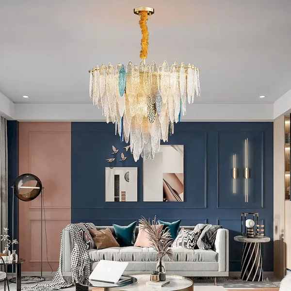 Textured Glass Feather Plate Chandelier - Gold, Round, Linear & Tiered