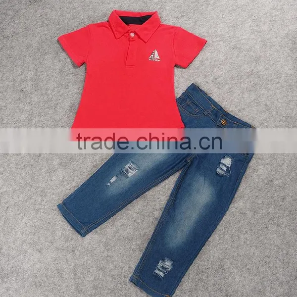2016 New Arrival Fashion Children Clothing Boy Outfits Handsome Boy Red Cotton Shirt+jean Pants 2pcs Suit Set photo-2