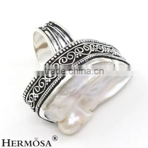 Freedom Shape Genuine Natural Origin White Biwa Pearl 925 Sterling Silver Rings photo-2