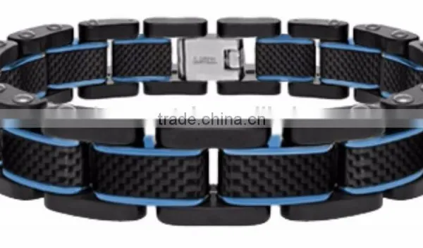 Fashion Men's Stainless Steel & Carbon Fiber Polished Bracelet Wholesale photo-4