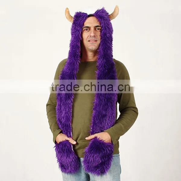 Faux Fur Adult Beanies Plush Animal Head Hat Scarf Glove photo-2