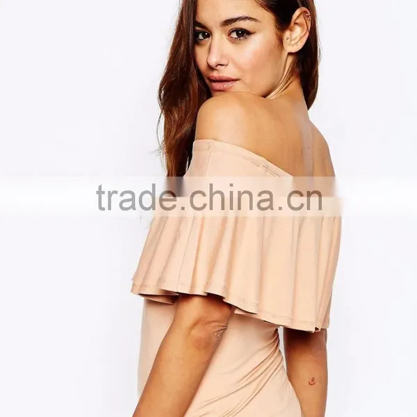 Women Off Shoulder Bodysuit With Ruffle Detail And Thong Plain Flower Hem Sexy Bodysuit photo-3